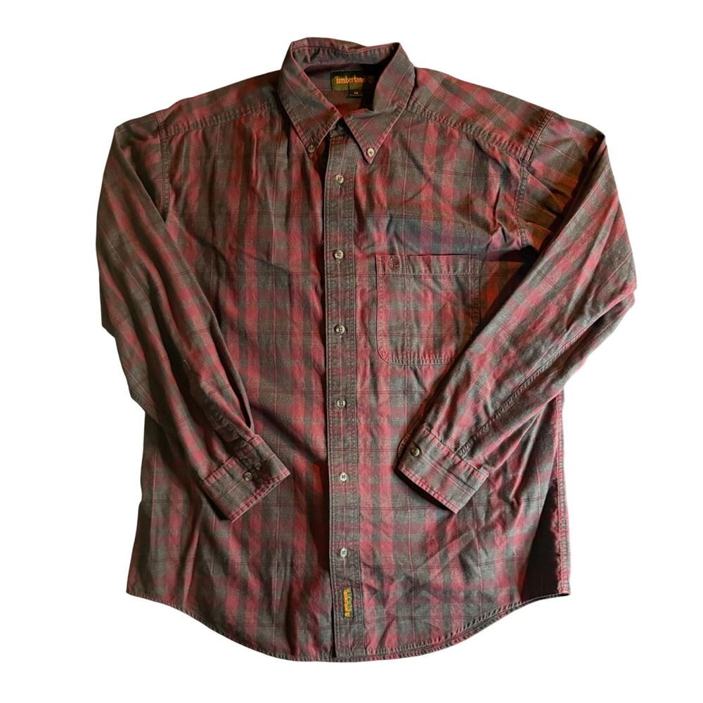Timberland Plaid Flannel Shirt Mens Medium Red Grey Long Sleeve Button Down
